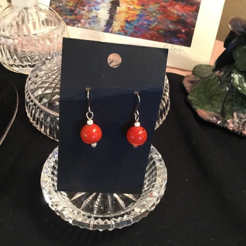 Silvertone Fish Hook Red Ball Earrings
